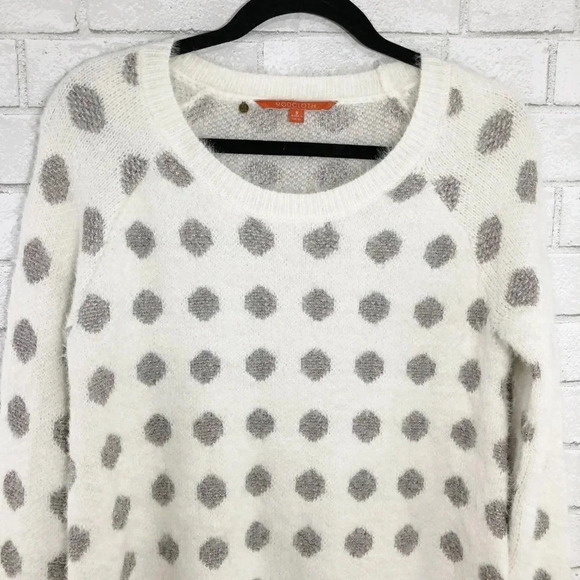 Modcloth Off White & Gray Metallic Fuzzy Polka Dot Sweater, Size Small - Picture 3 of 8